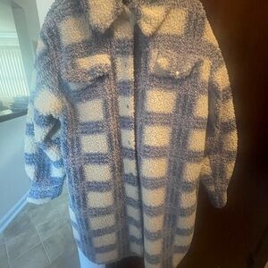 Plaid Sherpa Coat in Blue and Cream
